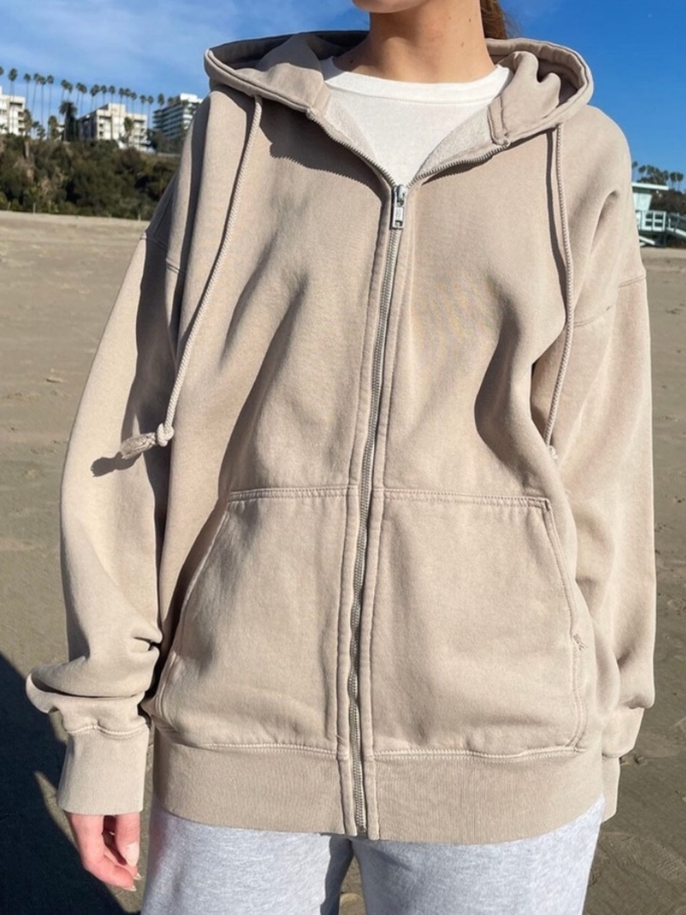 Brandy Melville Oversized Zip-Up Christy Hoodie in Taupe/Beige/Tan